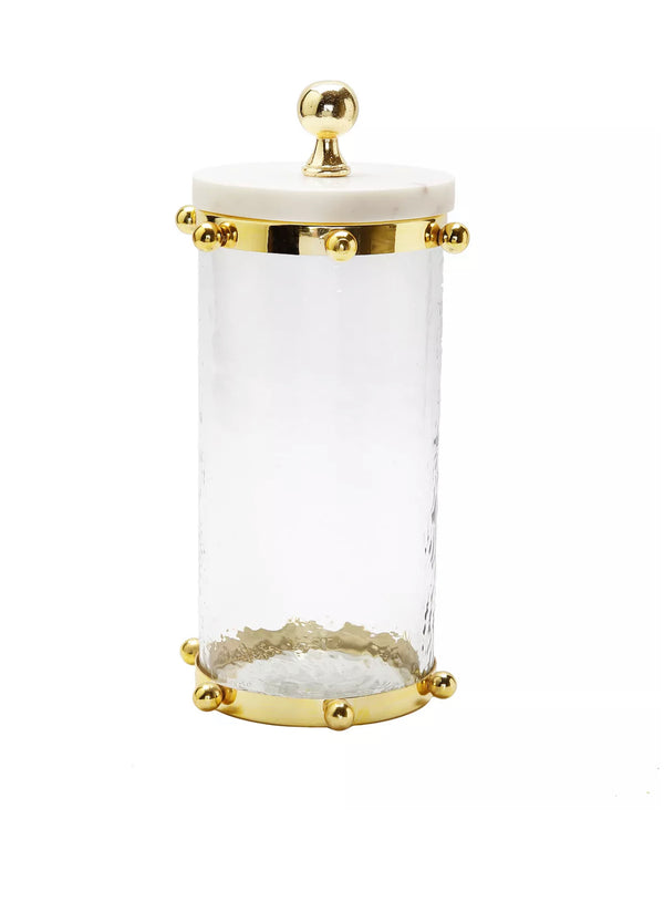 Hammered Glass Canister w/ Gold Ball Design and Marble Cover