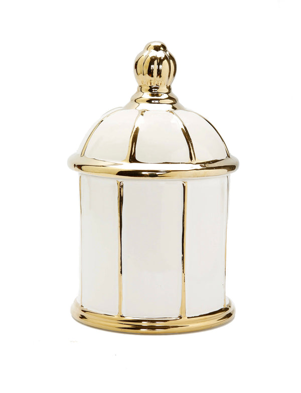 White jar with round dome Cover Gold stripe Design