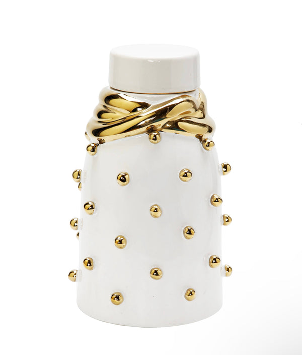 White ceramic Jar with gold Elegant detail and studded