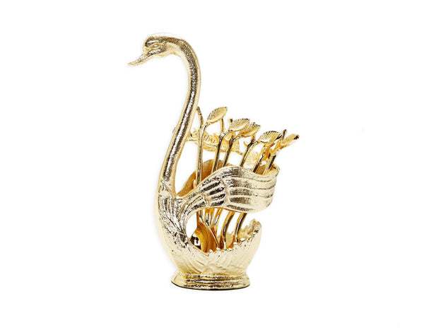 Gold Swan Dessert Spoon Holder with 6 Spoons