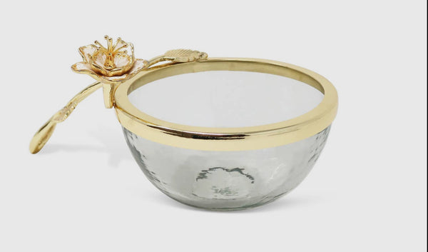 Glass Dish with Gold enamel Flower Design on Handles