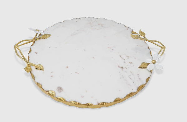 Marble Round Tray with Gold Flower Handles