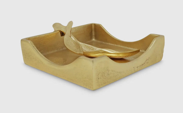 Gold square Napkin Holder with LEaf Tong