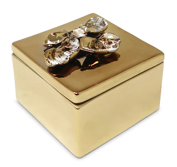 Square Gold Decorative Box With Flower Design on the Lid