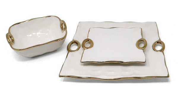Set of 12 White porcelain Plates with Gold Trim and Handles