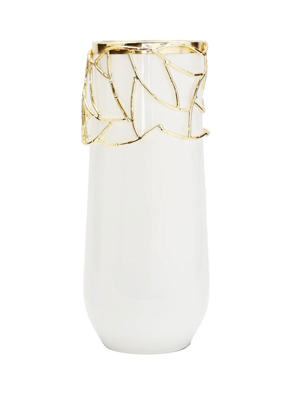 13”H White Glass Vase Gold Mesh Design - Gilt Touch
