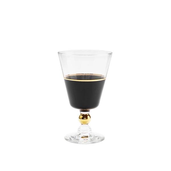 Set of 6 Black Water Glasses with Gold Trim and Clear Stem
