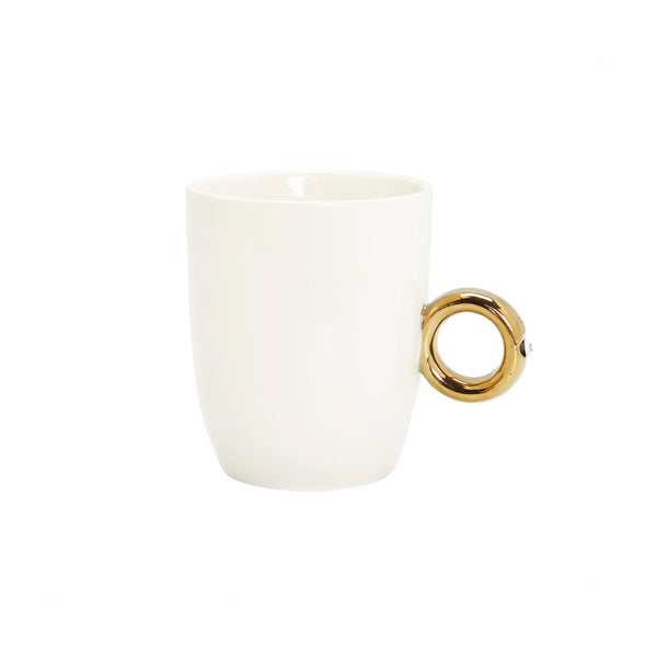 White Mug with Gold Ring Handle and Clear Crystal Detail