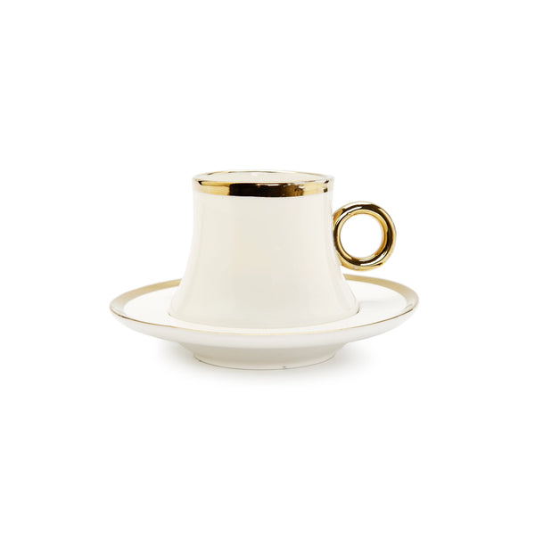 White Coffee Mug with Saucer Gold Handle 14oz
