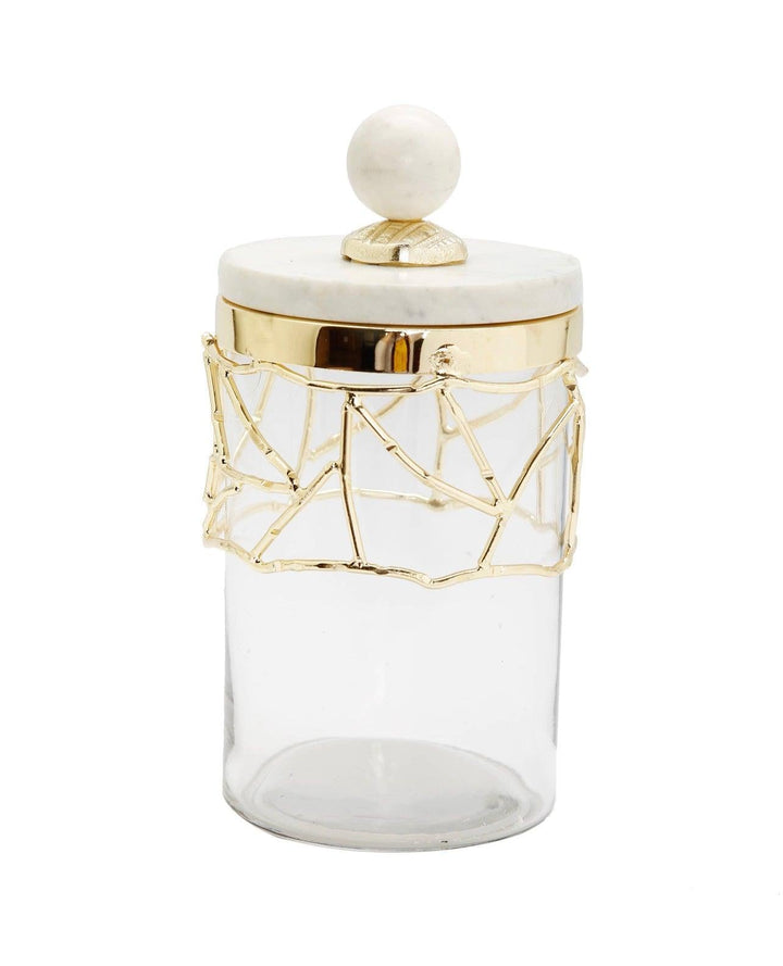 Glass Canister Gold Mesh Design Marble Lid - Gilt Touch
