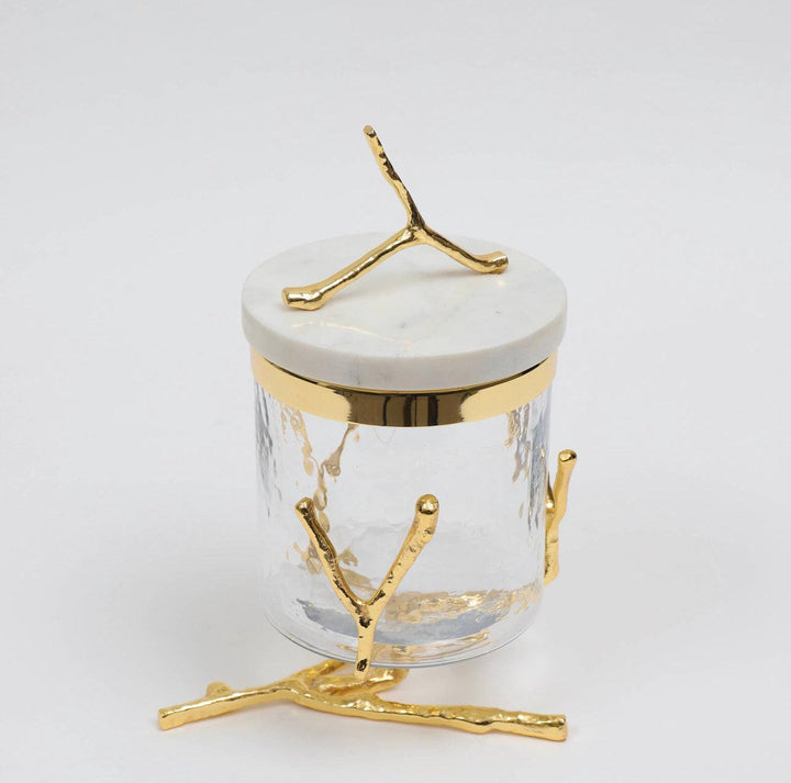 Glass canister on Gold Twig base with white marble cover - Gilt Touch