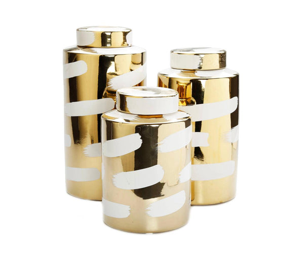 Gold Porecelain Jar with Cover White Brush Design - Gilt Touch