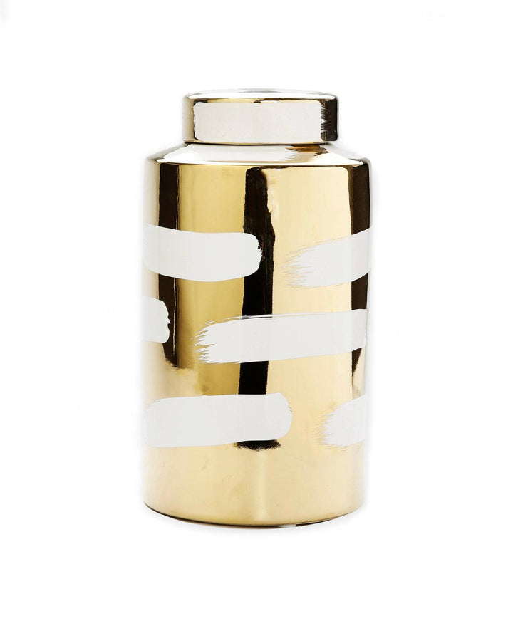 Gold Porecelain Jar with Cover White Brush Design - Gilt Touch