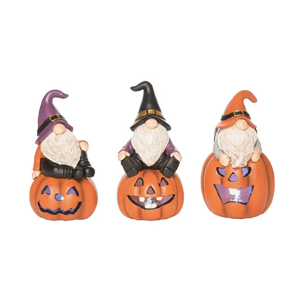 Resin 6" Halloween Light Up Gnome and Pumpkin Figurine Set of 3