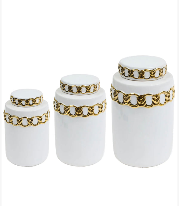 White ceramic lidded jar with gold chain