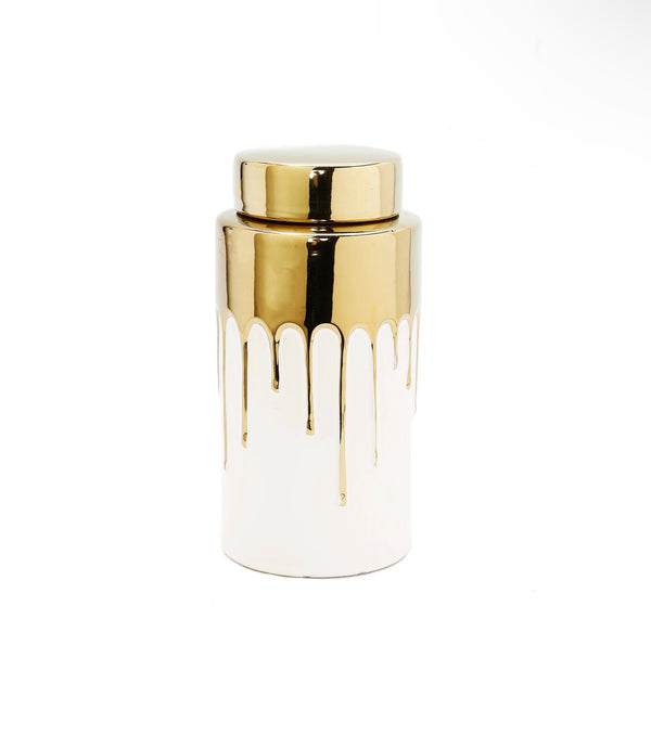 White Jar with Gold Cover Drip design