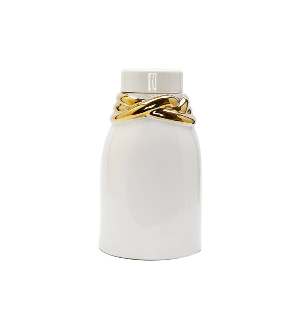 White ceramic jar with lid and gold details