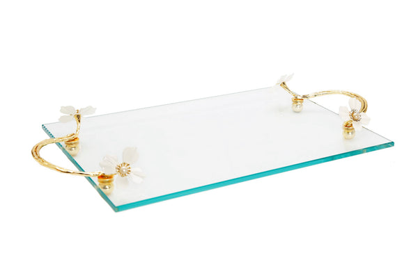 Glass tray with white Jeweled Flower Handles