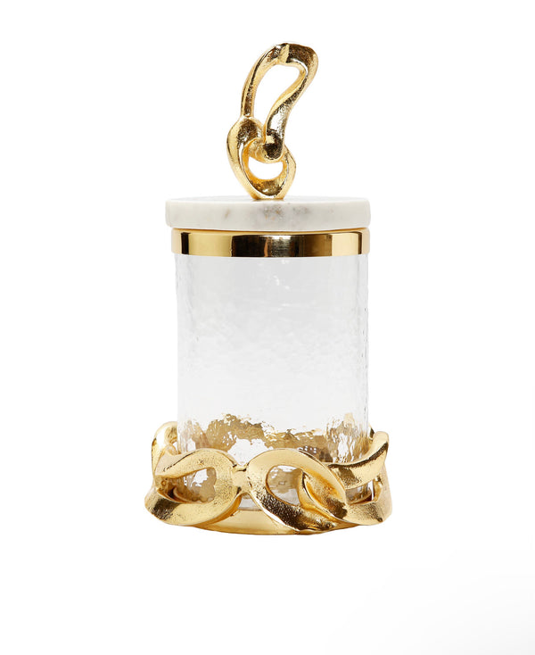 Glass canister with marble lid and Gold Knot design