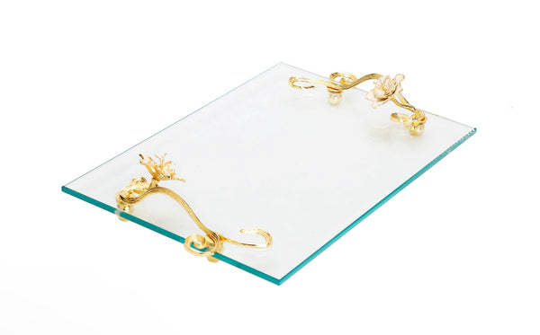 Glass tray with jewel flower handles