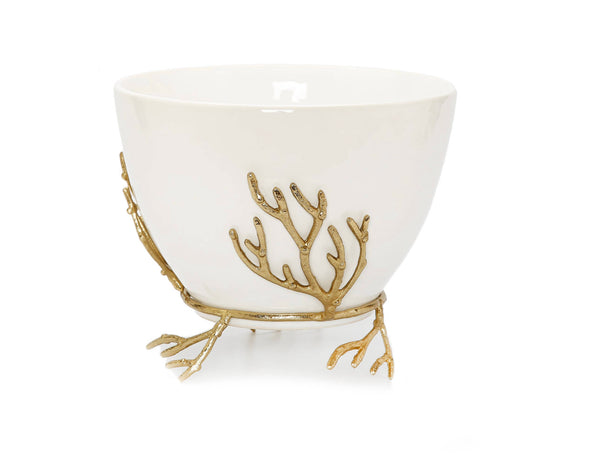 White bowl on Gold base with gold coral Design