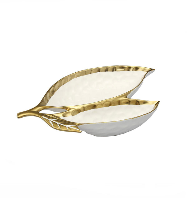 White Porcelain Double Leaf Relish Dish with Gold Rim