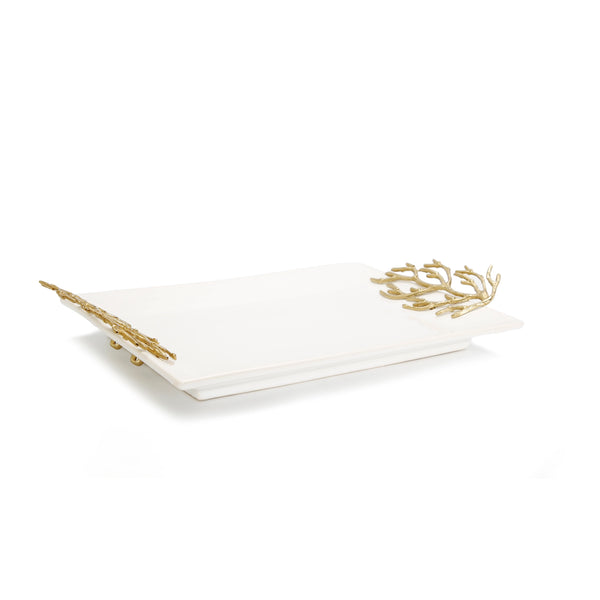 White Ceramic Tray with Gold Coral Design Handles