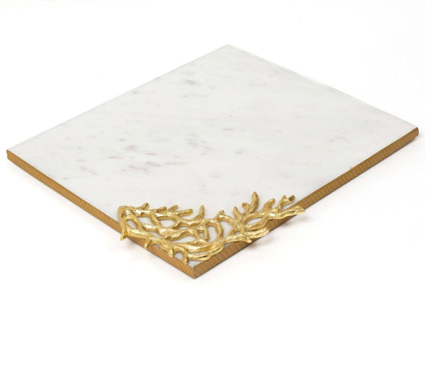 Rectangle White Marble Tray Gold Branch on Corner - Gilt Touch