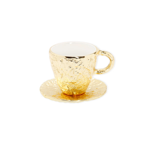 Gold Tea Cup with Tray White Enamel Inside