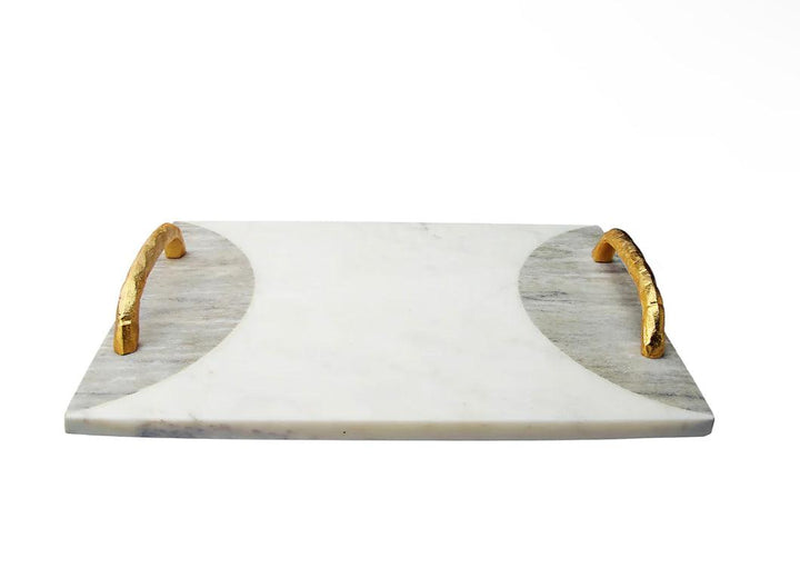 Two Tone Marble Challah Tray with Gold Handles and Knife - Gilt Touch