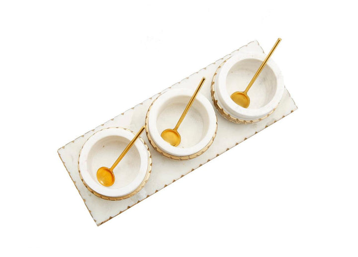 White 3 Bowl Relish Dish on Tray With Gold design and Spoons - Gilt Touch