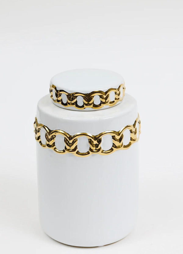 White ceramic lidded jar with gold chain - Gilt Touch