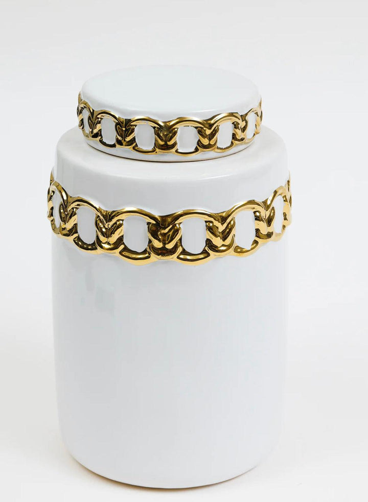 White ceramic lidded jar with gold chain - Gilt Touch