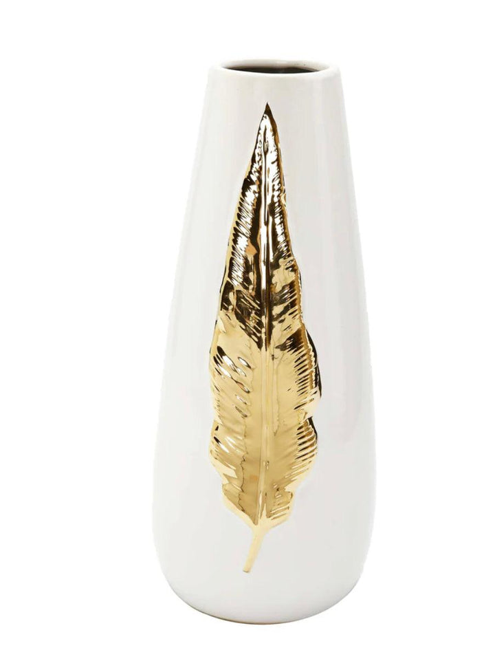 White Ceramic Tall Vase Gold Leaf Design - Gilt Touch