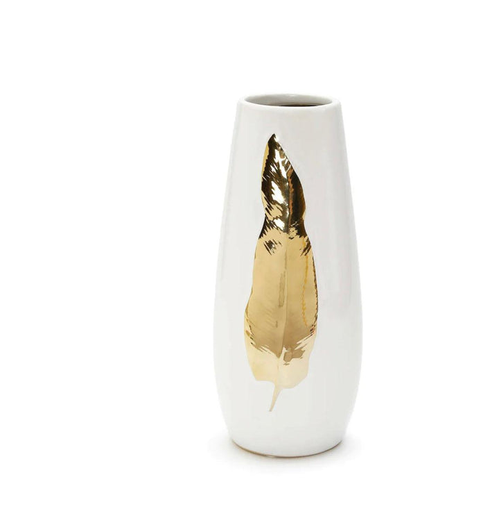 White Ceramic Tall Vase Gold Leaf Design - Gilt Touch