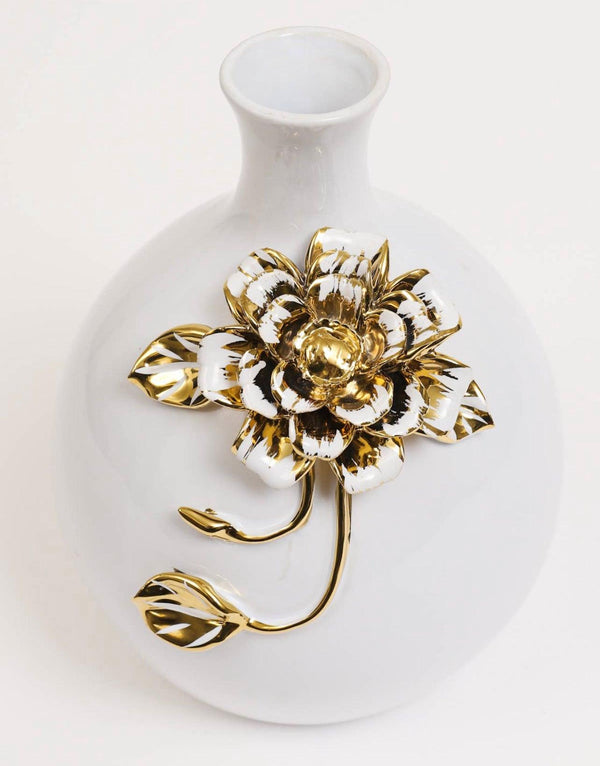 White Ceramic Vase Gold Floral Detail - Gilt Touch