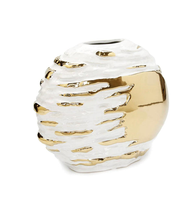 White Ceramic Vase With Gold Brush Design - Gilt Touch