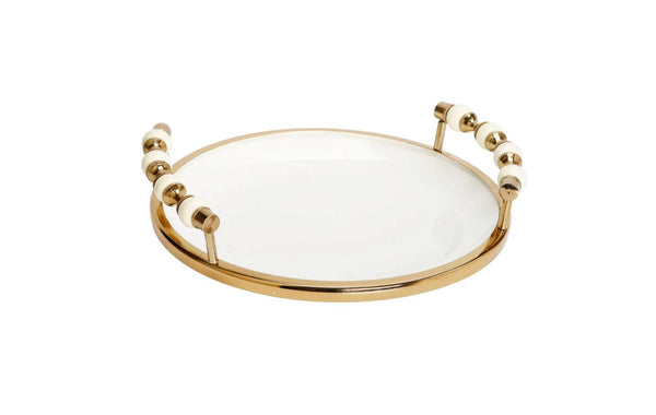 White Flat Round Plate with Gold and White Beaded Design - Gilt Touch