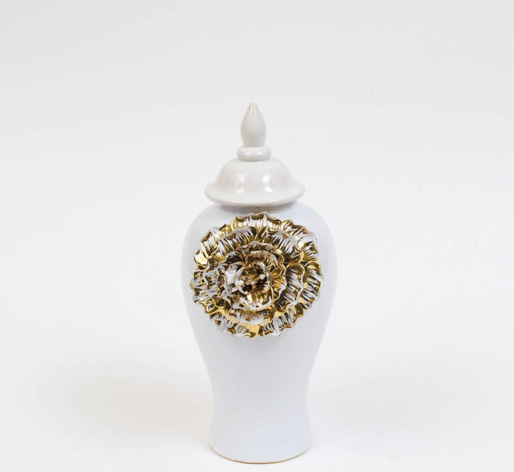 White Ginger Jar With Large Gold Flower Detail - Gilt Touch