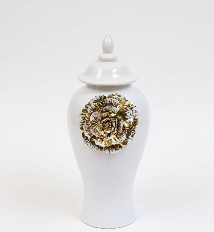 White Ginger Jar With Large Gold Flower Detail - Gilt Touch