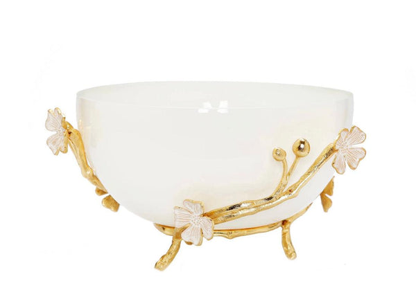 White Glass Bowl with Gold Flower Detail - Gilt Touch