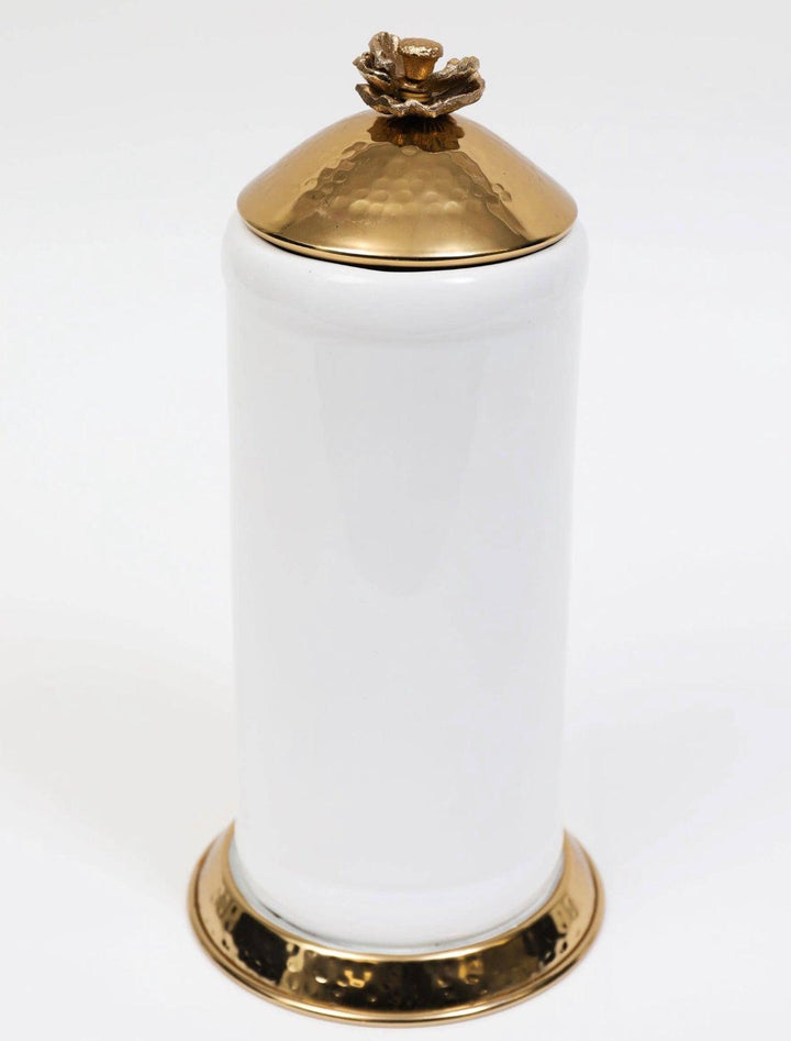 White Glass Canister Gold Hammered Lid With Flower Knob - Gilt Touch