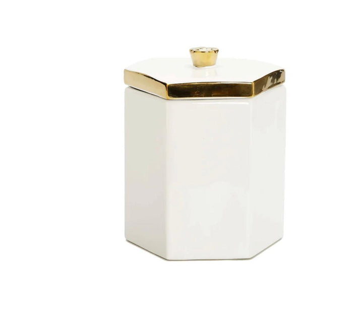 White Hexagon Shaped Box With Gold Flower Knob On Cover - Gilt Touch