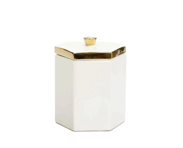 White Hexagon Shaped Box With Gold Flower Knob On Cover - Gilt Touch