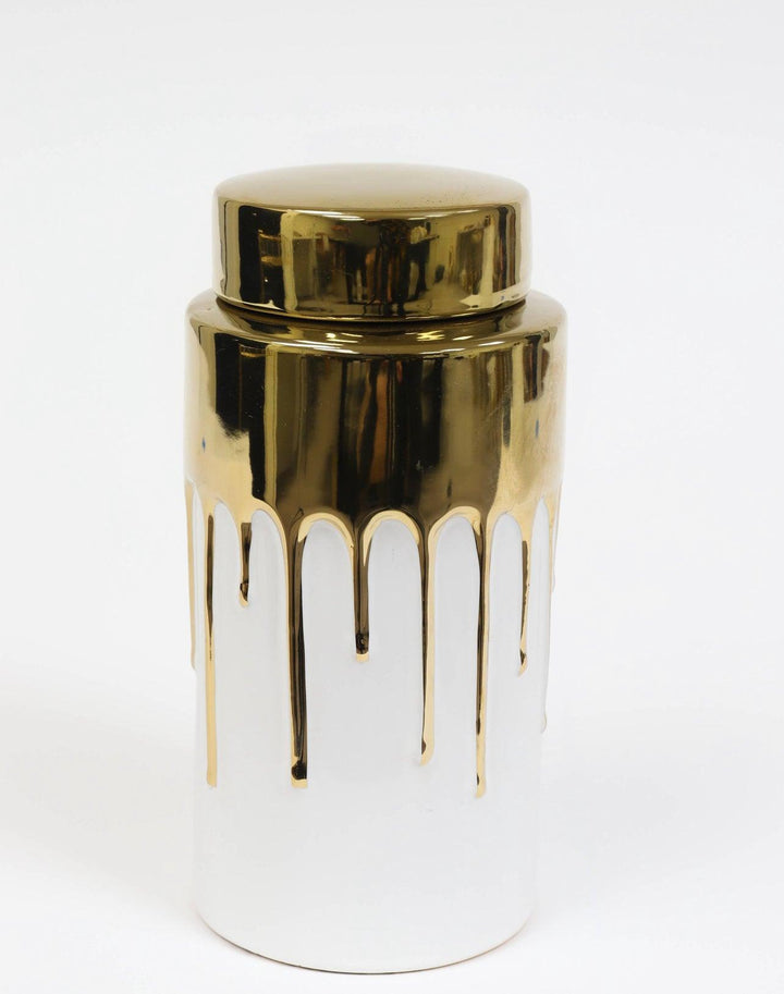 White Jar with Gold Cover and Drip Design - Gilt Touch