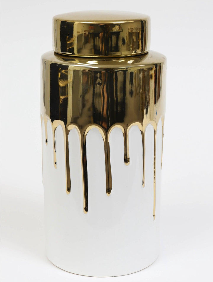 White Jar with Gold Cover and Drip Design - Gilt Touch