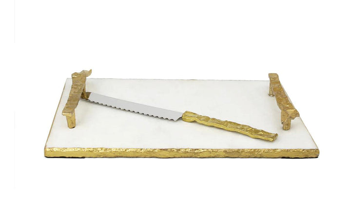 White Marble Challah Tray with Gold Crumbled Handles and Knife - Gilt Touch