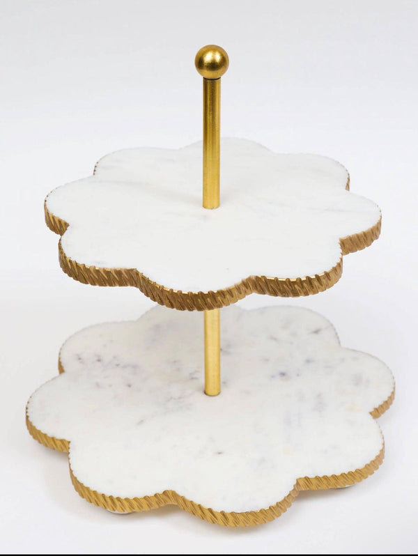 White marble Flower Shaped 2 Tier Cake stand - Gilt Touch