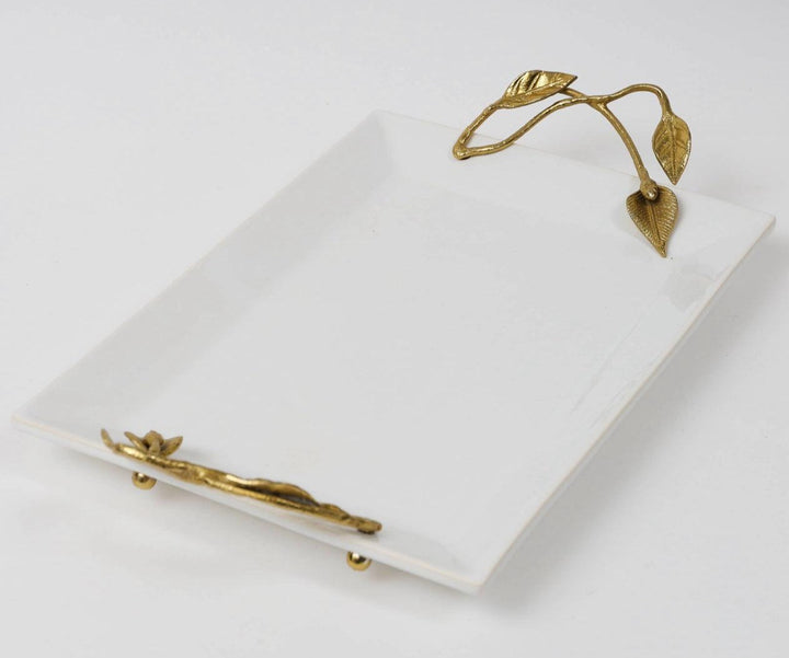 White rectangular Tray with Gold Leaf Design Handles - Gilt Touch