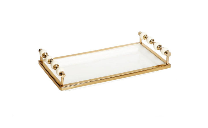 White Rectangular Tray with White and Gold beaded Handles - Gilt Touch